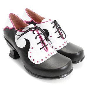 John Fluevog Black and White Heels with Pink Accents